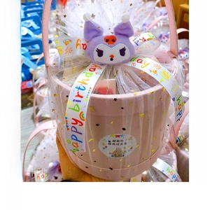 Detailed view of pink gift basket with purple cartoon plush and happy birthday satin ribbon