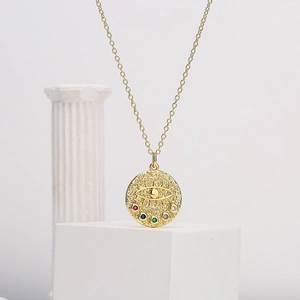18K gold-plated necklace with a vintage evil eye coin pendant and colorful zircons