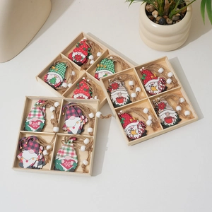Set of 12 Christmas wooden gnome ornaments with beads and hemp rope in gift boxes