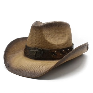 Chapeau Cowboy En Paille Western Avec Bande Similicuir Boucle Tête De Taureau Métal Bord Large Chapeau Soleil Été