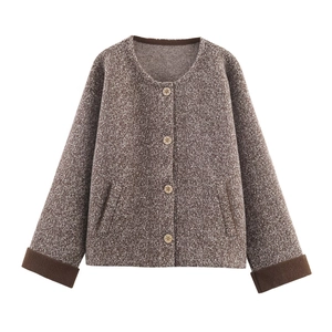 Retro round neck knit cardigan in brown-white marled texture with star pattern buttons