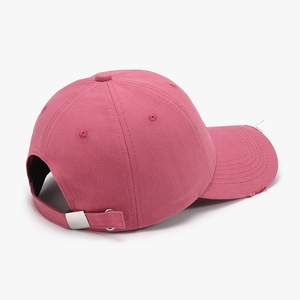 Deep pink distressed cotton baseball cap with adjustable metal buckle and frayed brim