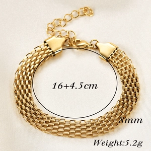 Detail view of 8mm wide woven 18K gold plated chain bracelet with size specifications