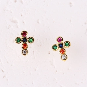Gold plated cross stud earrings featuring vibrant multi-colored cubic zirconia stones