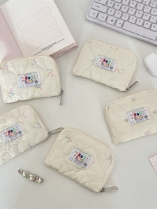 Quilted Coin Purse Women Kawaii Colorful Embroidery Polyester Zipper Card Holder Wallet Small Pouch Storage Bag For Girls