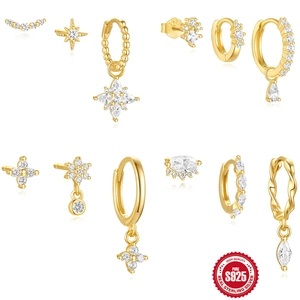 925 Sterling Silver Octagon Flower Zirconia Earring Set Gold Plated Geometric Stud Hoop Earrings Jewelry For Women
