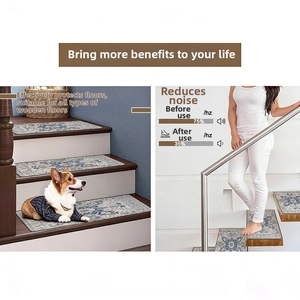 Nonslip blue and white patterned stair tread mat reducing noise from 75% to 35% on wood