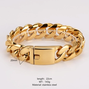 20mm wide golden stainless steel Cuban link bracelet for men with 22cm length and polished finish
