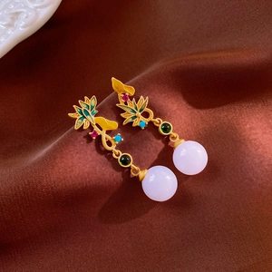 Retro Chinese style earrings with gold floral zircon accents and purple round beads