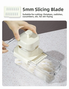 Manual vegetable slicer with 5mm shredding blade cutting white radish safely