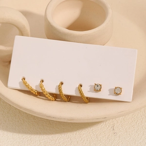 Hoop And Stud Earrings 18K Gold Plated Stainless Steel Twisted Rope Texture Cubic Zirconia Trendy Elegant For Women