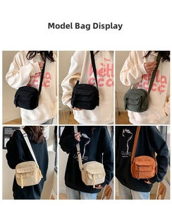 Detail view of corduroy crossbody bags in black, grey, beige and caramel with straps