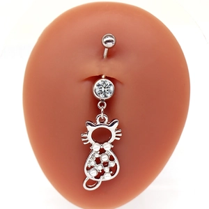 Piercing de nombril argenté avec pendentif chat, perles blanches et cristaux brillants