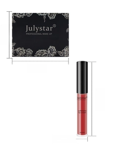 Detailed size dimensions of Julystar matte lip gloss set and packaging box in black floral