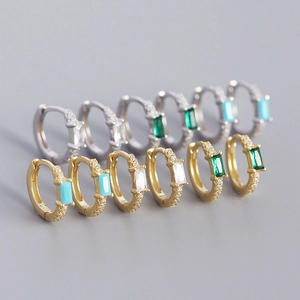 925 Sterling Silver Huggie Hoop Earrings Rectangle Zirconia Geometric Colorful Inlaid Minimalist Jewelry For Women