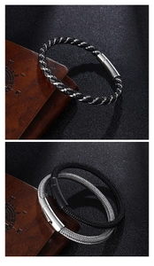 Detail view of woven leather and stainless steel bracelets for men and women