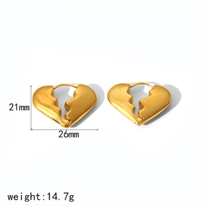 Golden stainless steel broken heart earrings with polished mirror finish and 21mm height