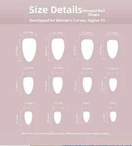 Size chart showing 24 pieces of almond-shaped press-on nails in 12 different dimensions