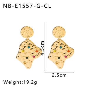 Detailed dimensions of gold lava texture earrings with multi-color rhinestones