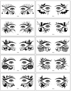 Sheet of 10 Halloween temporary eye tattoo designs featuring spiders, bats and ghosts
