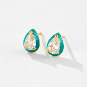 Elegant gold S925 silver stud earrings with pear-cut zircon and turquoise enamel border