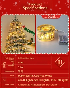 Detail of golden Christmas ribbon LED lights with star patterns and battery box specs