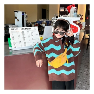 Kids knitted wavy pattern sweater paired with a vibrant yellow nylon waist bag for toddlers