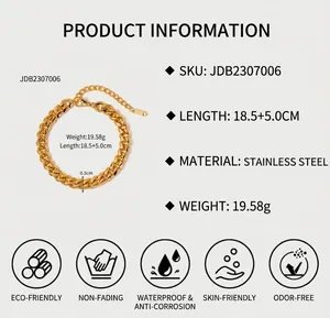 Détails du bracelet gourmette doré montrant la longueur 18,5+5,0cm et l'acier inoxydable