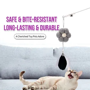 Interactive cat wand with grey flower pompom, pearls and soft feathers for pet play
