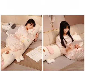 Long cartoon dachshund plush pillow with HAPPY embroidery on soft cream fabric