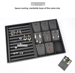 Detail view of black PU jewelry tray with multi-slot ring rows and pendant display sections