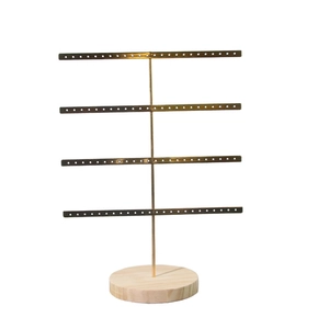 Présentoir à bijoux à quatre niveaux en métal avec base en bois pour boucles