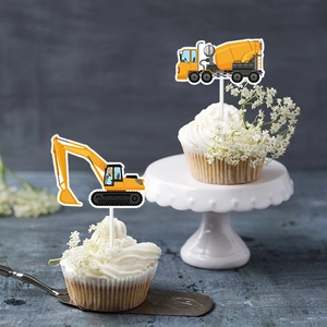 Construction vehicle cupcake toppers with excavator and mixer on yellow themed dessert stand