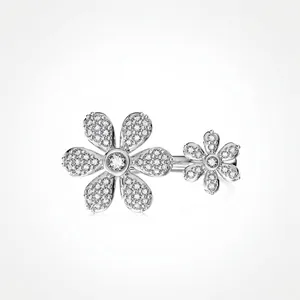925 Sterling Silver Double Flower Open Ring Sparkling Cubic Zirconia Adjustable Elegant Finger Jewelry For Women