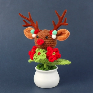 Handmade crochet elk potted plant with ceramic base for Christmas desktop decor