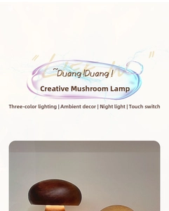 Detail view of solid wood mushroom lamp with touch control and three color lighting modes