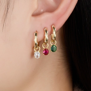 Elegant 925 Sterling Silver Hoop Earrings With Colorful Oval Zircon Pendant Gold Plated Fashion Jewelry For Women