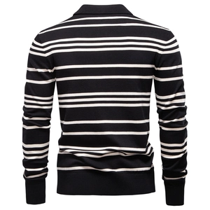 Detailed back view of men's knitted striped polo sweater with ribbed cuffs and hem