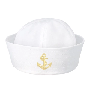 Sailor Hat Captain Navy Cap White Polyester Twill Cuffed Anchor Embroidery For Halloween Cosplay Nautical Party Unisex