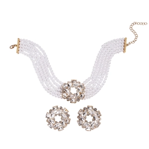 Elegant multi-layer pearl necklace with rhinestone earrings and gold alloy accents