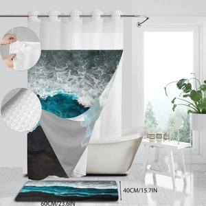 Waterproof beach landscape shower curtain set with a matching non-slip 60x40cm bath mat
