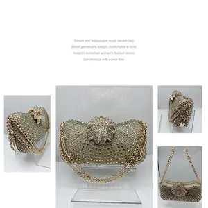 Luxurious rhinestone evening clutch bag with crystal flower clasp and gold chain strap