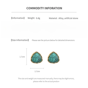 Detail view of triangular vintage earrings with turquoise stone and gold alloy edges
