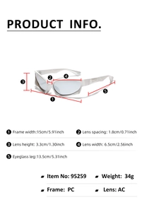 White Y2K oversized sports sunglasses dimensions and material specifications chart