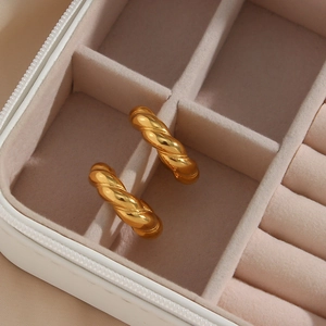 Detailed view of 18K gold plated stainless steel twisted hoop earrings in a jewelry box
