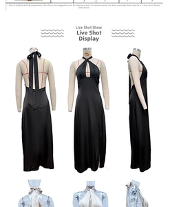 Detail of satin backless dress featuring halter neck ties and elegant split hemline