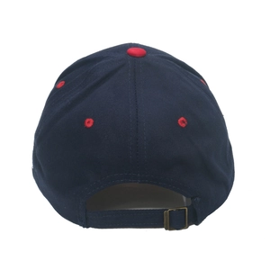 Rear view of navy baseball cap featuring red eyelets and adjustable bronze metal buckle