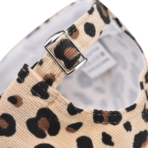 Leopard print corduroy baseball cap featuring an adjustable metal buckle back closure