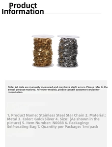Detail of 9mm stainless steel star link chains in gold and silver for jewelry making