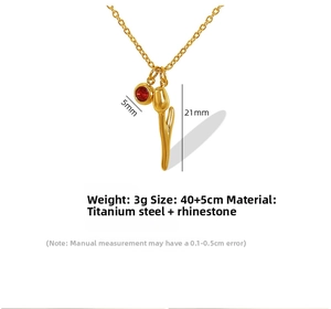 Detail view of 18k gold plated tulip pendant with red rhinestone and dimensions